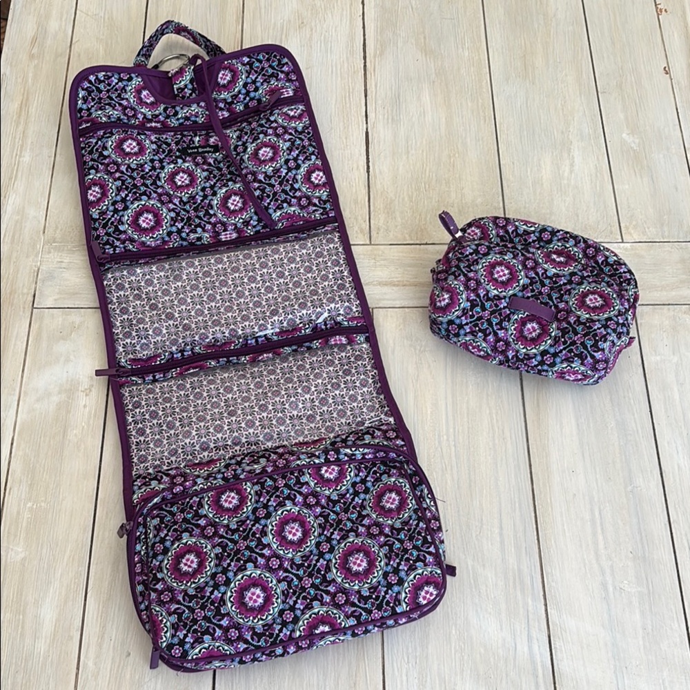 Vera Bradley Purple Lilac Medallion Makeup Bag & Hanging Cosmetic Organizer Set
